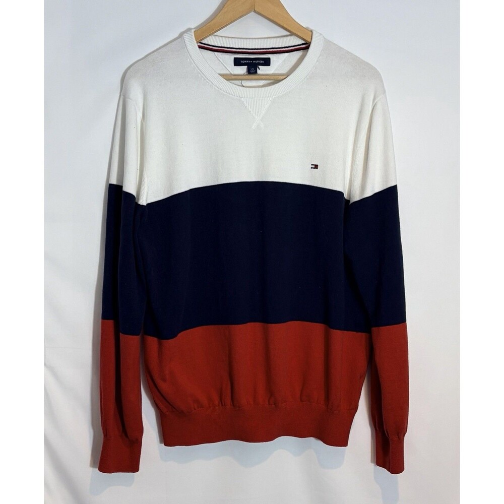 Tommy Hilfiger Mens Large Color block Crewneck Sweater White Navy And Red Size L